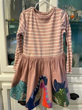 Mini Boden Pink and White Striped Dress with Colorful Dino Appliqués